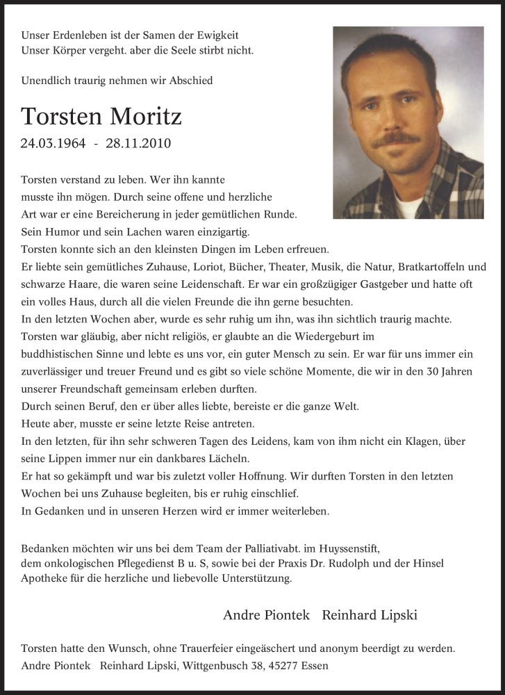  Traueranzeige für Torsten Moritz vom 01.12.2010 aus Tageszeitung