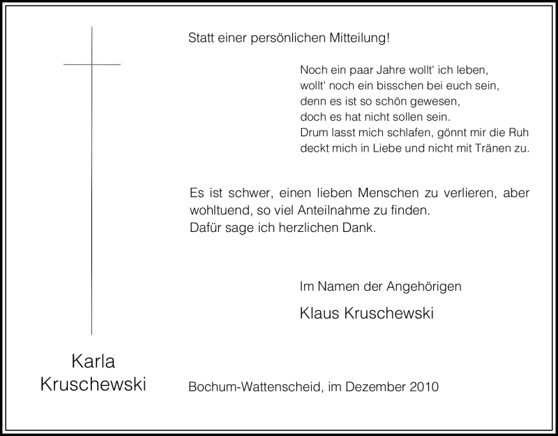  Traueranzeige für Karla Kruschewski vom 01.12.2010 aus Tageszeitung