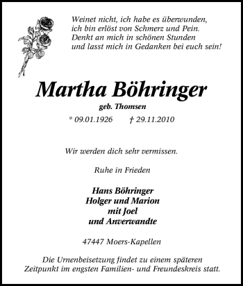 Traueranzeige von Martha Böhringer von Tageszeitung