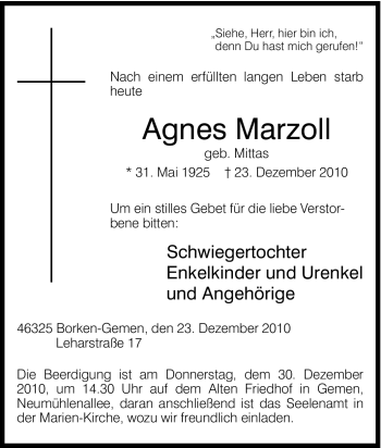 Traueranzeige von Agnes Marzoll von Tageszeitung