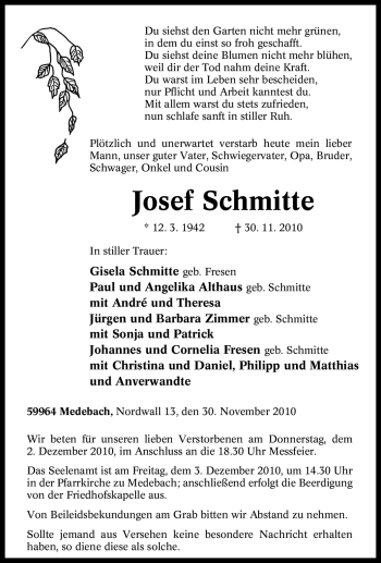 Traueranzeige von Josef Schmitte von Tageszeitung