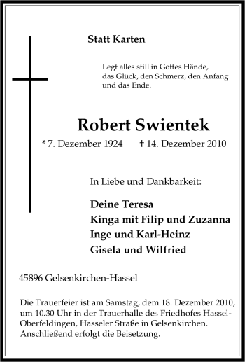Traueranzeige von Robert Swientek von Tageszeitung