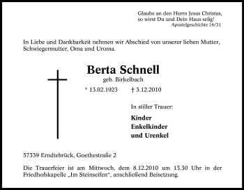 Traueranzeige von Berta Schnell von Tageszeitung