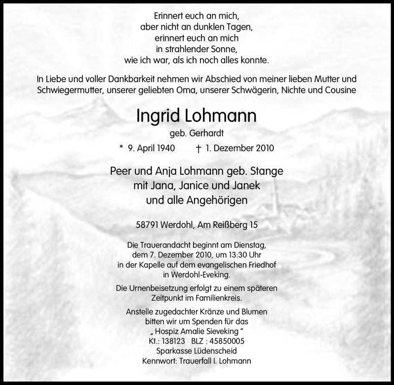  Traueranzeige für Ingrid Lohmann vom 04.12.2010 aus Tageszeitung