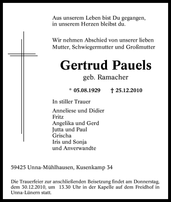 Traueranzeige von Gertrud Pauels von Tageszeitung