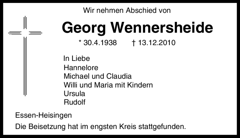  Traueranzeige für Georg Wennersheide vom 22.12.2010 aus Tageszeitung