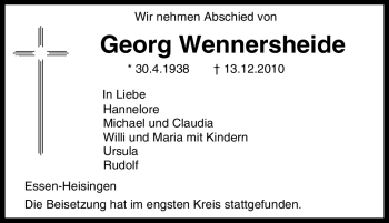 Traueranzeige von Georg Wennersheide von Tageszeitung