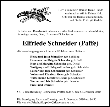 Traueranzeige von Elfriede Schneider von Tageszeitung