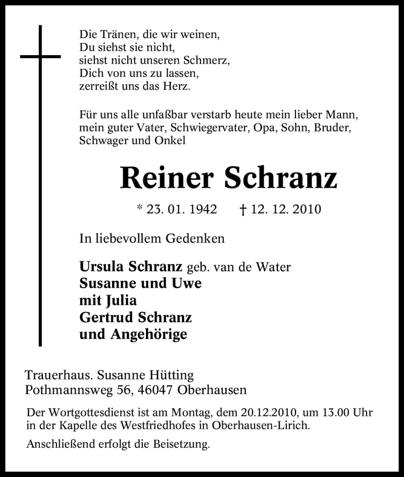  Traueranzeige für Reiner Schranz vom 17.12.2010 aus Tageszeitung