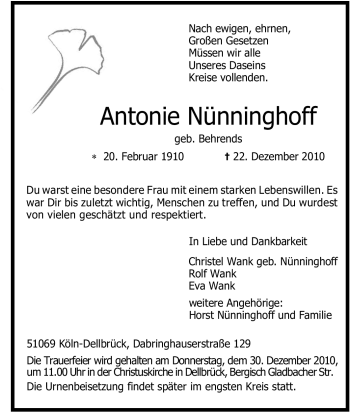 Traueranzeige von Antonie Nünninghoff von Tageszeitung