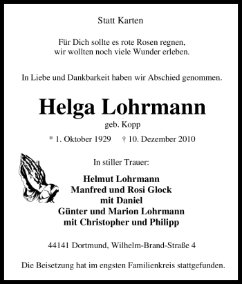 Traueranzeige von Helga Lohrmann von Tageszeitung
