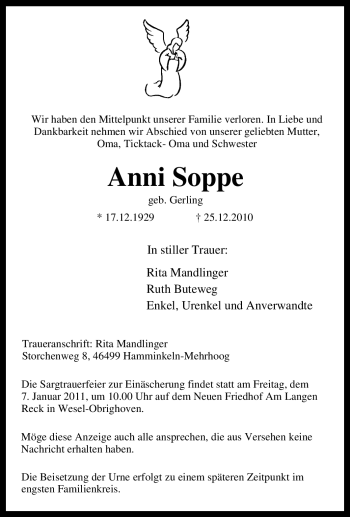 Traueranzeige von Anni Soppe von Tageszeitung