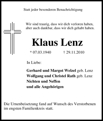 Traueranzeige von Klaus Lenz von Tageszeitung