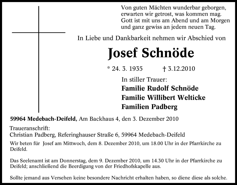  Traueranzeige für Josef Schnöde vom 06.12.2010 aus Tageszeitung