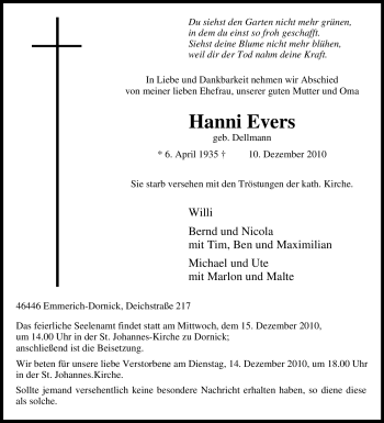 Traueranzeige von Hanni Evers von Tageszeitung