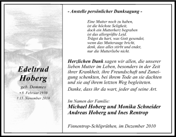 Traueranzeige von Edeltrud Hoberg von Tageszeitung