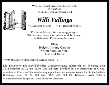 Traueranzeige von Willi Vallinga von Tageszeitung