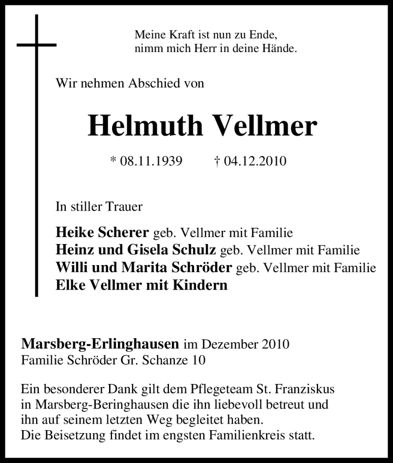  Traueranzeige für Helmuth Vellmer vom 07.12.2010 aus Tageszeitung