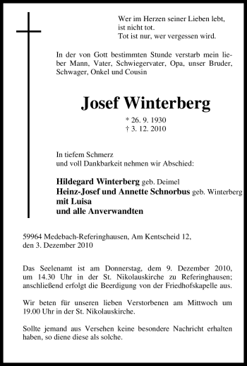 Traueranzeige von Josef Winterberg von Tageszeitung
