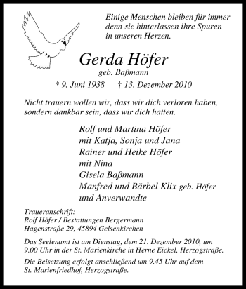Traueranzeige von Gerda Höfer von Tageszeitung