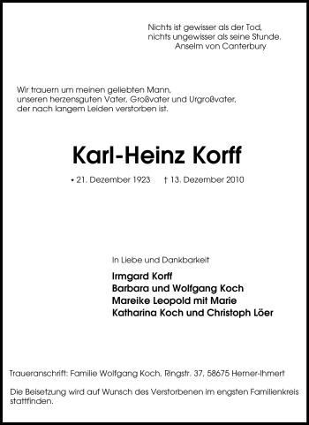 Traueranzeige von Karl-Heinz Korff von Tageszeitung