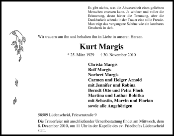 Traueranzeige von Kurt Margis von Tageszeitung