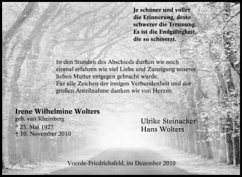 Traueranzeige von Irene Wilhelmine Wolters von Tageszeitung