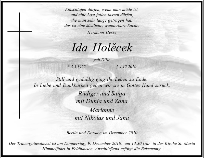  Traueranzeige für Ida Holecek vom 07.12.2010 aus Tageszeitung