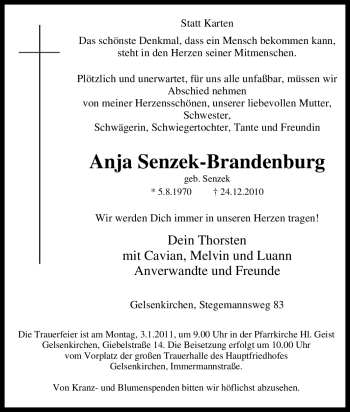 Traueranzeige von Anja Senzek-Brandenburg von Tageszeitung
