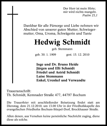 Traueranzeige von Hedwig Schmidt von Tageszeitung