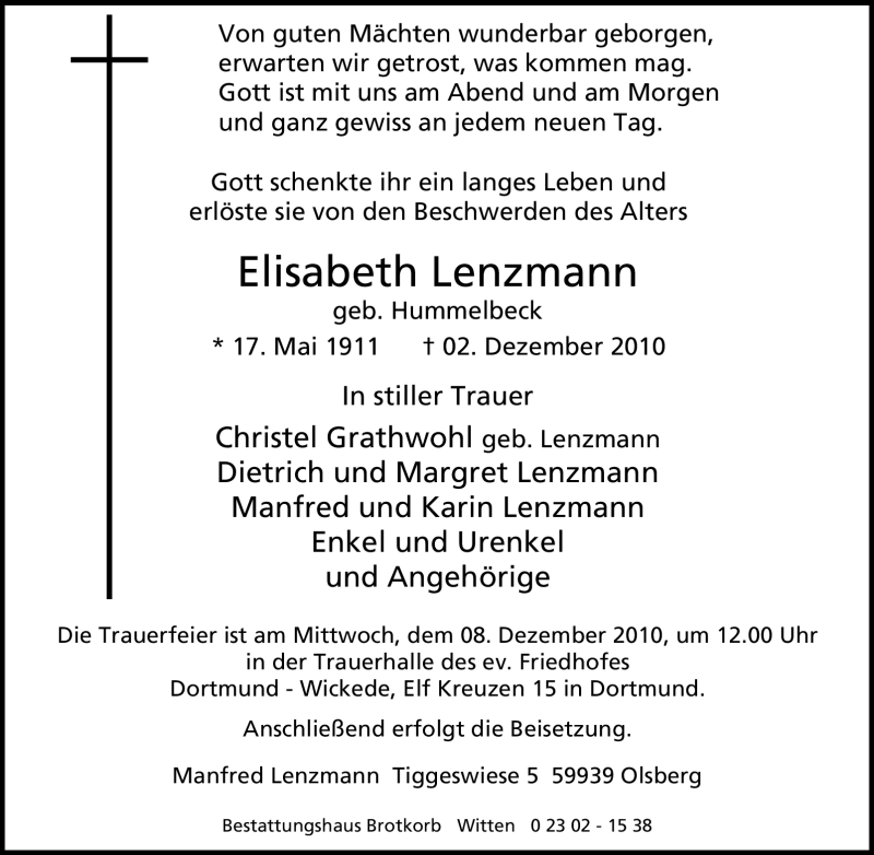  Traueranzeige für Elisabeth Lenzmann vom 06.12.2010 aus Tageszeitung