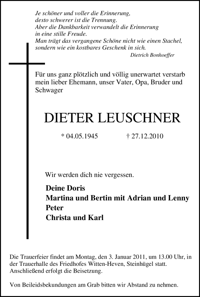  Traueranzeige für Dieter Leuschner vom 30.12.2010 aus Tageszeitung