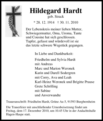Traueranzeige von Hildegard Hardt von Tageszeitung