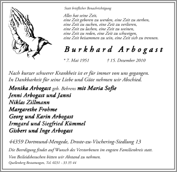 Traueranzeige von Burkhard Arbogast von Tageszeitung