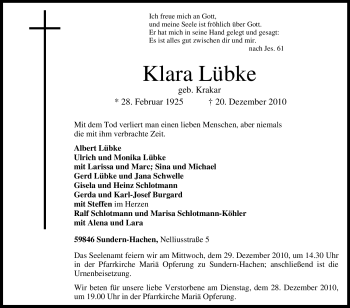 Traueranzeige von Klara Lübke von Tageszeitung