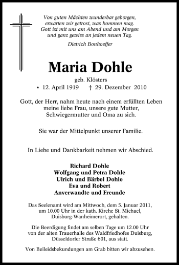 Traueranzeige von Maria Dohle von Tageszeitung