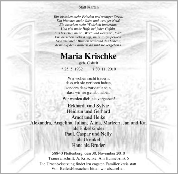Traueranzeige von Maria Krischke von WESTDEUTSCHE ALLGEMEINE ZEITUNG