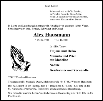 Traueranzeige von Alex Hausmann von Tageszeitung