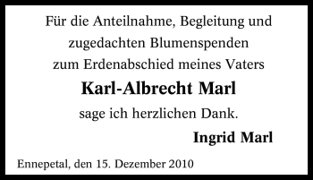 Traueranzeige von Karl-Albrecht Marl von Tageszeitung