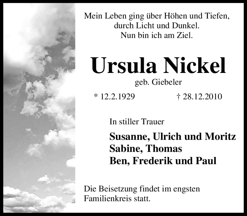  Traueranzeige für Ursula Nickel vom 30.12.2010 aus Tageszeitung