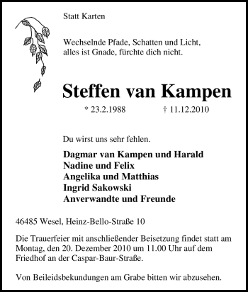Traueranzeige von Steffen van Kampen von Tageszeitung