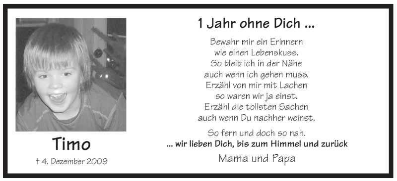  Traueranzeige für Timo  vom 04.12.2010 aus Tageszeitung