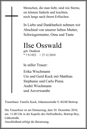Traueranzeige von Ilse Osswald von Tageszeitung
