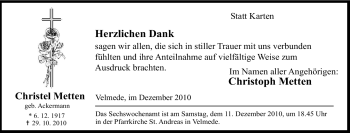 Traueranzeige von Christel Metten von Tageszeitung