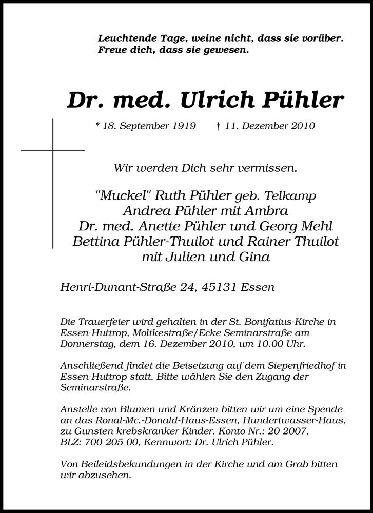  Traueranzeige für Ulrich Pühler vom 14.12.2010 aus Tageszeitung