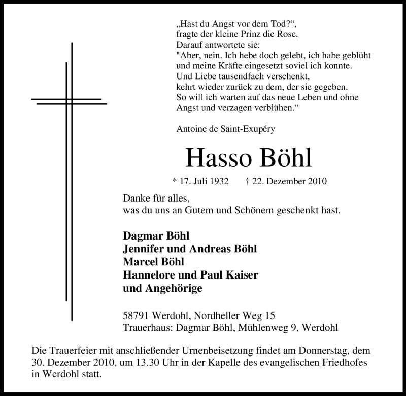  Traueranzeige für Hasso Böhl vom 28.12.2010 aus Tageszeitung