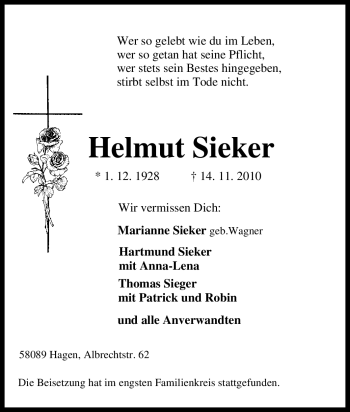 Traueranzeige von Helmut Sieker von Tageszeitung