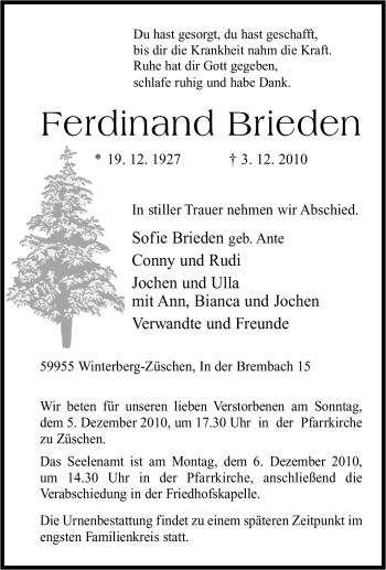 Traueranzeige von Ferdinand Brieden von Tageszeitung