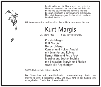Traueranzeige von Kurt Margis von Tageszeitung