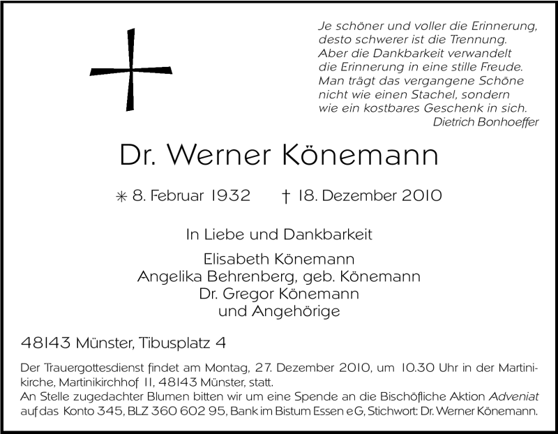  Traueranzeige für Werner Könemann vom 22.12.2010 aus Tageszeitung